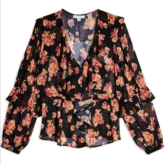 TOPSHOP FLORAL PRINT RUFFLE BLOUSE - Picture 4 of 10